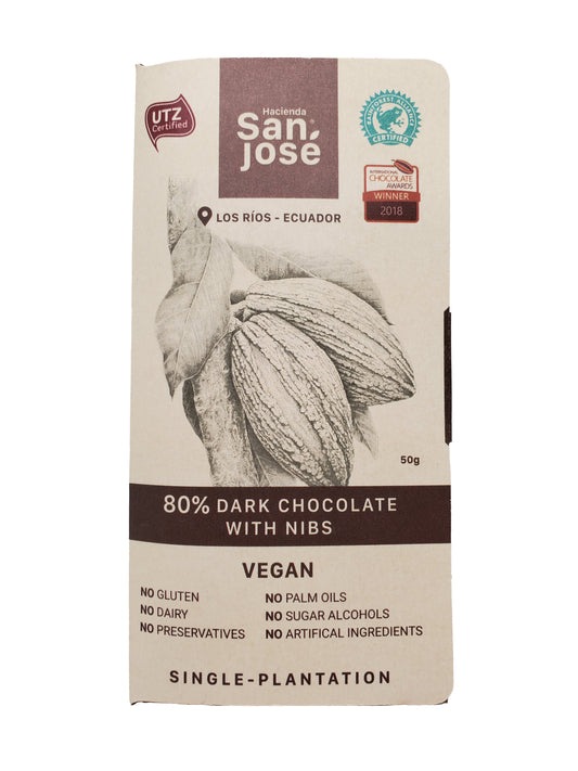 Hacienda San Jose - 80% Dark Chocolate with Nibs - 50 grams Bar - Los Rios, Ecuador