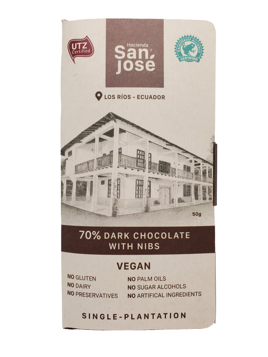 Hacienda San Jose - 70% Dark Chocolate with Nibs - 50 grams Bar - Los Rios, Ecuador