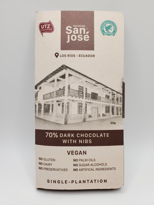 Hacienda San Jose - 70% Dark Chocolate with Nibs - 50 grams Bar - Los Rios, Ecuador